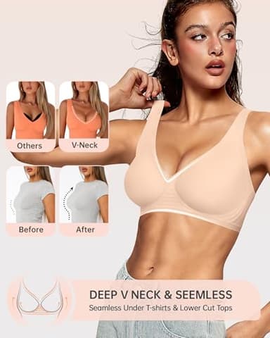 OEAK Womens Deep V Bras Wireless Comfortable Bra Supportive No Underwire Bras Tshirt Push Up Bralettes Plunge Seamless Bra Semolina S - Image 4