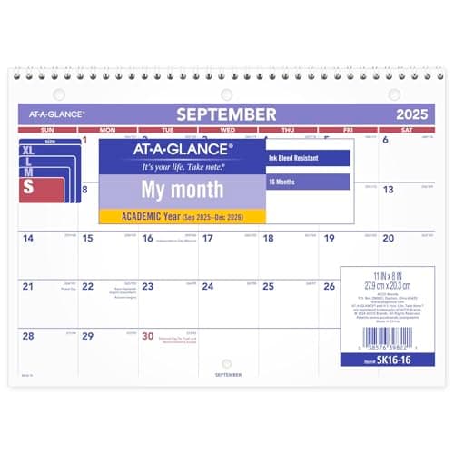 AT-A-GLANCE Wall Calendar 2025-2026 Academic, Monthly, 11" x 8", Small, Ruled Daily Blocks (SK1616) - Image 1