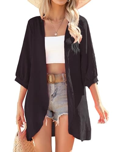 Yekaty Cardigans Lightweight 3/4 Sleeve Summer Black Kimono Cardigan for Women Dressy Shrug Loose Beach Coverup 2025 - Image 1