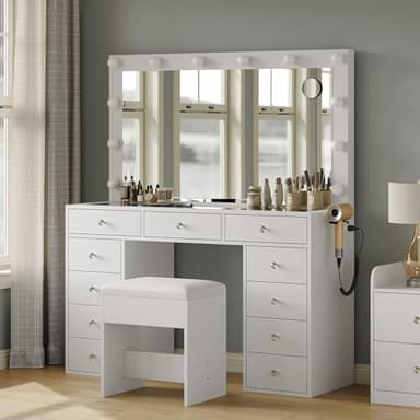White Vanity Desk with Illuminated Mirror & Power Outlet, 11 Drawers Vanity Table with Chair, Makeup Vanity with 12 LED Lights, Tempered Glass Top, Dressing Table for Bedroom,Dressing Room - Image 2