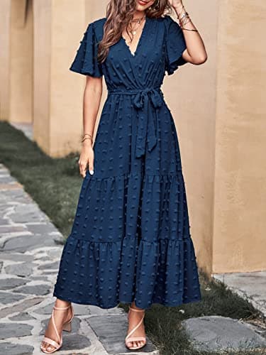 MASCOMODA Dresses for Women 2025 Short Flutter Sleeve Tiered Maxi Swiss Dot Solid V Neck Wedding Guest Dress with Belt(Navy,X-Large) - Image 3