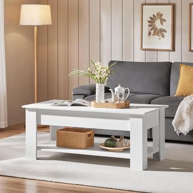 Yaheetech Lift Top Coffee Table with Hidden Compartment and Storage Shelf, Rising Tabletop Dining Table for Living Room Reception Room, 47.5in L, White - Image 4