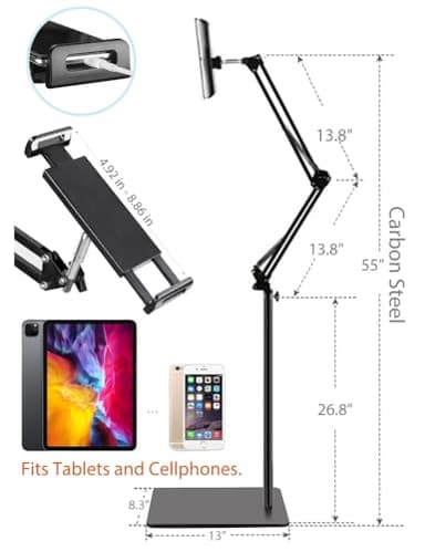 BluuSuuk Tablet Floor Stand with Double Weight Base, Overhead Bed Phone Mount Height Adjustable Arm Stretchable Stand Holder, Compatible with iPad Mini Air Pro, Galaxy Tab, Kindle, Switch, Cell Phones - Image 6