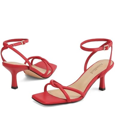 AIUNIIND Women's Sandals Square Open Toe Kitten Heels Strappy Ankle Strap Sandals for Women Comfort Dress Party Shoes Red 9 - Image 3