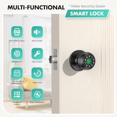 Fingerprint Door Lock，Fingerprint and Keypad Input Smart Door knob, App Controlled Biometric Door Lock, Keyless Entry, Bedroom, Office, Hotel, Apartment Auto Door knob(Matte Black) - Image 2