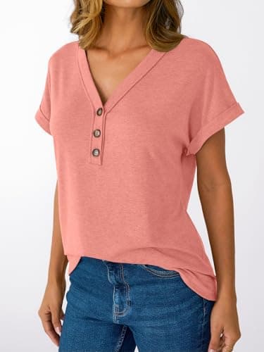 AUTOMET Short Sleeve V Neck T Shirts Womens 2025 Summer Spring Fashion Business Casual Dressy Cute Lightweight Loose Fit Work Tshirts Ladies Blouses Henley Tops Clothes Outfits Clothing Coral - Image 3