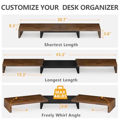 TAVR Dual Monitor Stand Riser, Computer Monitor Stands for 2 Monitors, Extra Long Multifunctional Desktop Organizer Riser for Computer, Laptop, PC, Printer, TV, Max 43.3" Length, Rustic Brown - Image 3