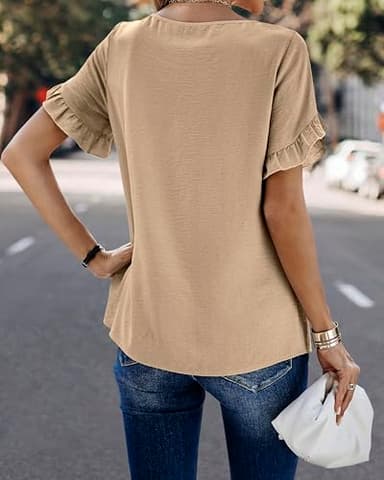 PRETTYGARDEN Women's Shirts Summer Casual Crewneck Lace Crochet Short Sleeve Blouses Cute Floral Print Loose Tunic Tops(Solid Khaki,Small) - Image 5