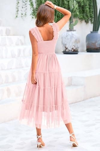 PRETTYGARDEN Women's Summer Midi Tulle Dress Sleeveless Smocked Square Neck Ruffle Flowy Party Wedding Guest Sundress (Light Pink,Large) - Image 2