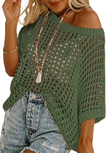 Dokotoo Womens Casual Spring Summer Crochet Hollow Out Sweaters Top 2025 Off Shoulder Pullover Shirt Short Sleeve Lightweight Knit Tops Beach Cover Ups for Women Mist Green Medium - Image 1