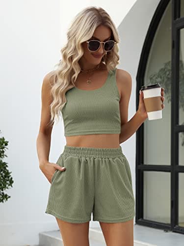 Trendy Queen Womens Pajama Sets 2 Piece Set Two Piece Summer Outfits 2025 Lounge Matching Vacation Outfit Crop Top High Waisted Short Green S - Image 4