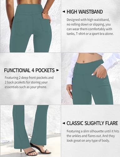 VOOVEEYA Women's Bootcut Leggings - Bootleg Yoga Pants Flare with 4 Pockets,Tummy Control High Waisted Casual Dress Pants（Bootcut-Petite Dark Green-S） - Image 4