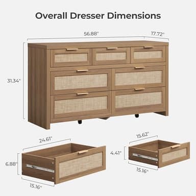 SICOTAS 7 Drawer Dresser for Bedroom, 57" Wide Rattan Dressers, Large Chest of Drawers for Bedroom, Dresser TV Stand, Boho Closet Organizer (Reclaimed Caramel Oak, 7 Drawers (1 pc)) - Image 3