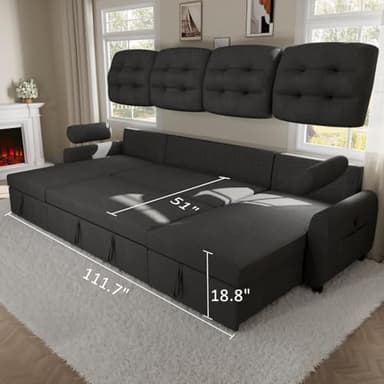 Ucloveria Sectional Sofa Couch, 112" Sleeper Sofa Bed with Dual Reversible Storage Chaise Pull Out Couch for Living Room | Side Pocket | Charging Station | Removable Backrest | Linen Fabric, Dark Grey - Image 2