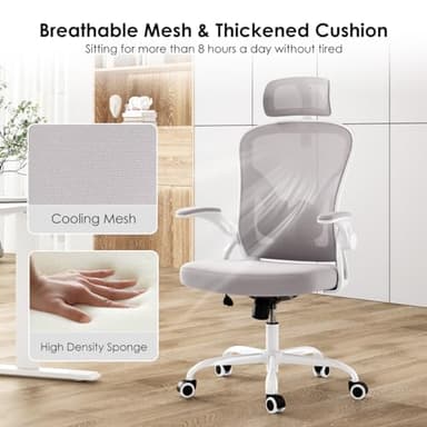 Farini Ergonomic Office Chair, Home Office Desk Chair with Headrest, High Back Computer Chair with Armrests and Adjustable Lumbar Support for Home Office Study Room, White & Gray - Image 6