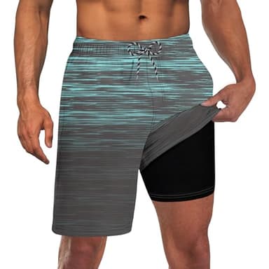 UNICOMIDEA Men's Swim Trunks with Compression Liner 9 Inch Bathing Suits for Man Gradient Grey Blue Hawaiian Board Shorts Men Quick Dry Stretch Shorts Holiday Party Swimming Suits M - Image 1