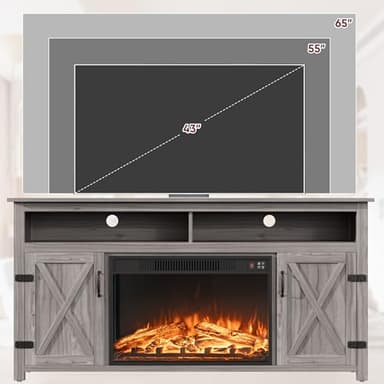 JUMMICO Fireplace TV Stand for TVs Up to 65+ Inch Entertainment Center with Open Storage Shelves and Side Cabinets, Media Console Table with Barn Doors for Living Room (Grey) - Image 6