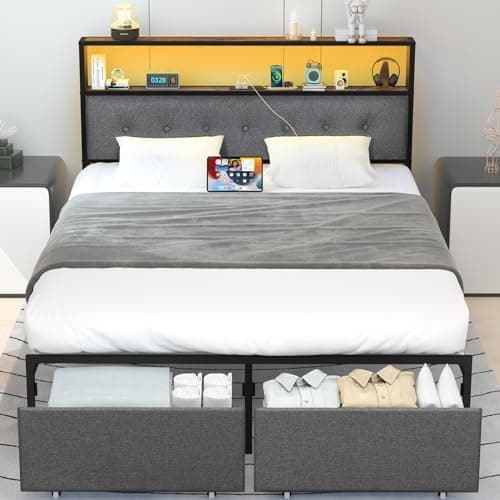 Yoobure Queen Bed Frame with Headboard, Platform Bed Frame Queen Size, Heavy Duty Bed Frames with 2 Storage Drawers, Bedframe with Charging Station & LED Light, No Box Spring Needed, Noise Free - Image 1