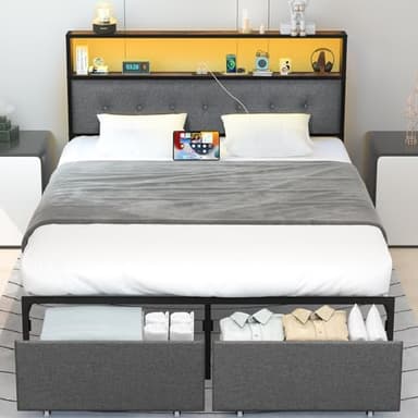 Yoobure Queen Bed Frame with Headboard, Platform Bed Frame Queen Size, Heavy Duty Bed Frames with 2 Storage Drawers, Bedframe with Charging Station & LED Light, No Box Spring Needed, Noise Free - Image 1