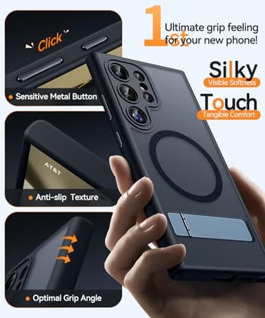 CANSHN Strong Magnetic & Seamless Stand Designed for Samsung Galaxy S24 Ultra Case [Full Camera Protection] [Adjustable Kickstand] [Compatible with MagSafe] Translucent Matte Phone Cover - Black - Image 8