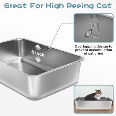 FUTAM Stainless Steel Litter Box, 23.6“x15.7"x6" Deep Stainless Steel Cat Litter Box Extra Large, XL Metal Litterbox for Big Cats with High Sides, Non Stick Surface, Easy to Clean - Image 2