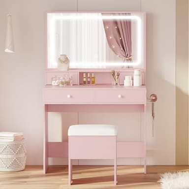 LIKIMIO Makeup Vanity Desk with Mirror and Lights, Pink Makeup Vanity Table Set with Stool Drawers, Power Socket, Dressing Table with 3 Lighting Colors, Vanities for Bedrooms - Image 2