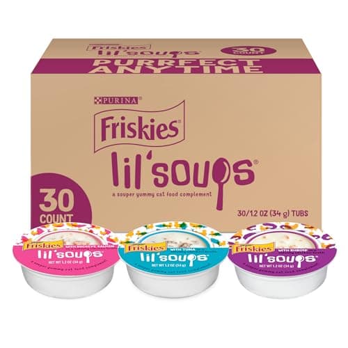 Purina Friskies Grain Free Wet Cat Food Lickable Cat Treats Variety Pack, Lil' Soups With Salmon, Tuna or Shrimp - (Pack of 30) 1.2 oz. Cups - Image 1