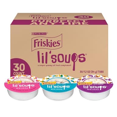 Purina Friskies Grain Free Wet Cat Food Lickable Cat Treats Variety Pack, Lil' Soups With Salmon, Tuna or Shrimp - (Pack of 30) 1.2 oz. Cups - Image 1