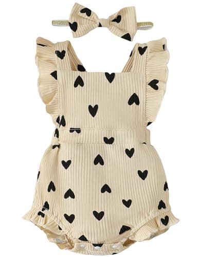 Fullfamous Infant Baby Girl Clothes Outfits Romper Spring Summer Clothing Onesie Bodysuit Jumpsuit ropa de bebe niña Ecru with Heart 0-3 Months - Image 1