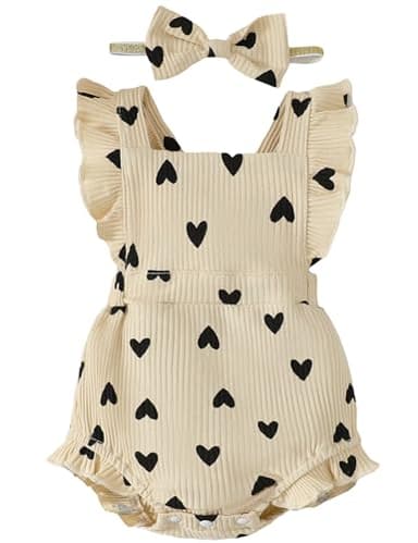 Fullfamous Infant Baby Girl Clothes Outfits Romper Spring Summer Clothing Onesie Bodysuit Jumpsuit ropa de bebe niña Ecru with Heart 0-3 Months - Image 1