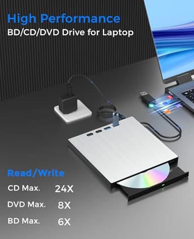 juwuoi External Blu ray Drive for Laptop Portable Blu Ray Burner USB 3.0 Type-C CD/BD Disc Drives Support 100G Bluray/DVD Drive for PC Compatible with Windows Linux Mac OS - Image 3