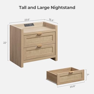 SICOTAS Rattan Nightstands Set of 2 Bedside Table - Bedroom Night Stand with Type-C Charging Station, 2 Drawers Storage - Boho Night Stands End Table for Bedroom Office - Light Oak - Image 3