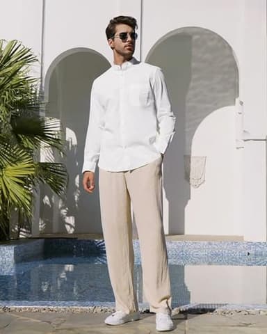 Alimens & Gentle Men's Cotton Linen Shirts Long Sleeve Button Down Shirt Band Collar Beach Shirts - Image 2