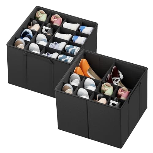 SpaceAid Shoe Organizer for Closet, 2 Pack Foldable Shoe Storage Containers Baskets Boxes Bins w/Adjustable Dividers, Fits 16-32 Pairs, Black - Image 1