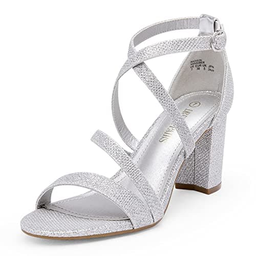DREAM PAIRS Women’s Ankle Strap Dress Pump Low Chunky Heel Sandals,Size 8W,Silver-Glitter,MADISON - Image 1