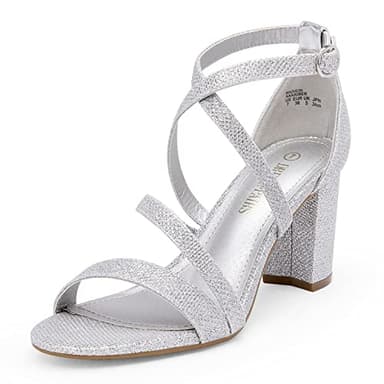 DREAM PAIRS Women’s Ankle Strap Dress Pump Low Chunky Heel Sandals,Size 8W,Silver-Glitter,MADISON - Image 1