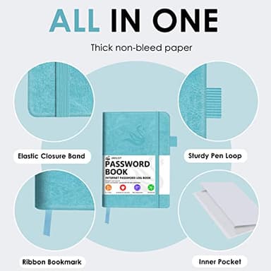 Elegant Password Book with Alphabetical Tabs - Hardcover Password Book for Internet Website Address Login - 5.2" x 7.6" Password Keeper and Organizer w/Notes Section & Back Pocket (Turquoise) - Image 4