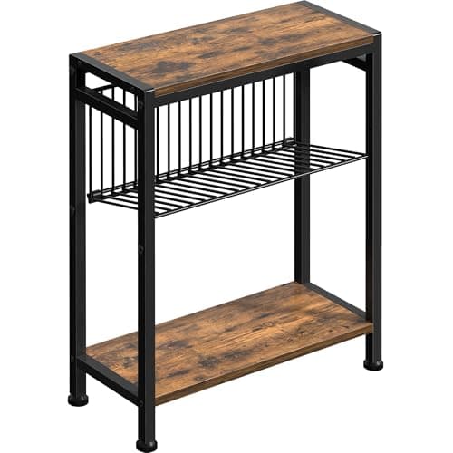 Small Side Table for Small Space, 3-Tier Narrow End Table with Magazine Holder,Slim Nightstand, Skinny Snack Couch Table in Living Room, Bedroom Study and Balcony (Rustic Brown &Black) - Image 1