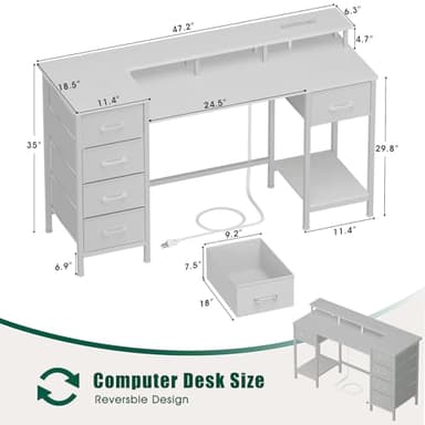 Korfile 47 Inch Computer Gaming Desk with Power Outlets & LED Lights Reversible Home Office Desk with Adjustable 5 Fabric Storage Drawers for Working Writing Study, White Oak - Image 3