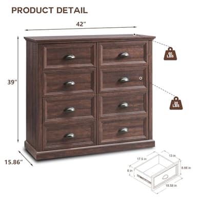 IFGET Farmhouse 8 Drawer Dresser for Bedroom, 39" Tall Dressers & Chests of Drawers, 42" Wide Dressers Organizer Storage, Wood Rustic Bedroom Dresser for Closet, Living Room, Hallway, Brown - Image 2