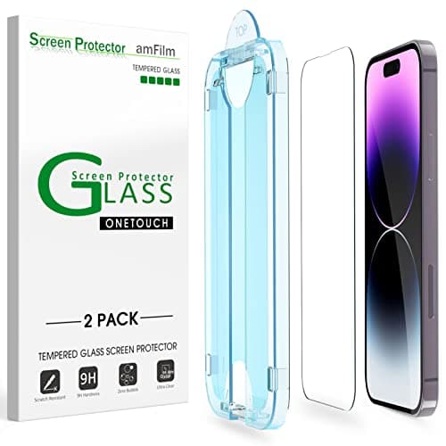 amFilm Easiest Installation OneTouch for iPhone 14 Pro [6.1 Inch] Screen Protector Tempered Glass, Auto-Alignment Tech, Bubble Free and Full Coverage Case Friendly, Anti-Scratch 2 Pack - Image 1