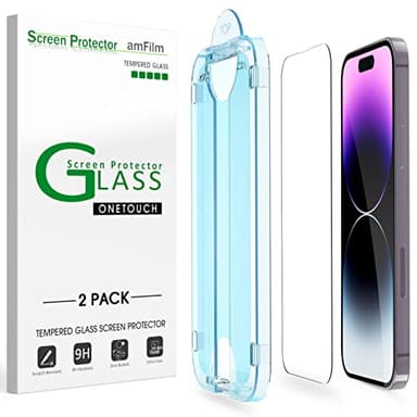 amFilm Easiest Installation OneTouch for iPhone 14 Pro [6.1 Inch] Screen Protector Tempered Glass, Auto-Alignment Tech, Bubble Free and Full Coverage Case Friendly, Anti-Scratch 2 Pack - Image 1