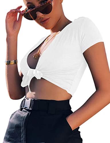 BORIFLORS Women's Sexy Tie Up Crop Top Short Sleeve Deep V Neck Casual Basic T Shirt,Medium,White - Image 4