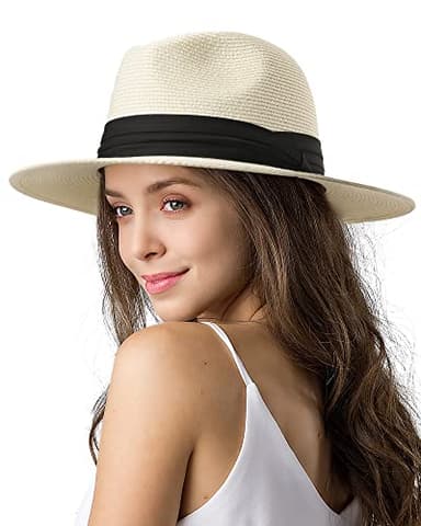 FURTALK Womens Mens Wide Brim Straw Panama Hat Fedora Summer Beach Sun Hats UPF Straw Hat for Women - Image 1