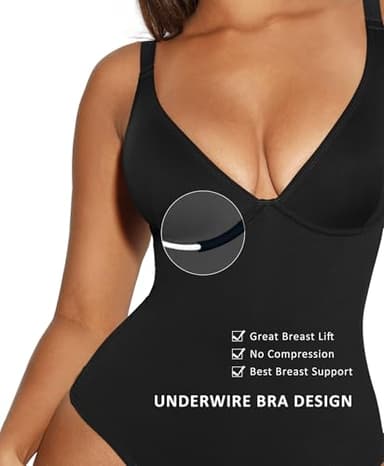 FeelinGirl Body Suits for Women Tummy Control Shapewear Bodysuits for Going Out Deep V Neck Thong Body Shaper, Black, S - Image 5