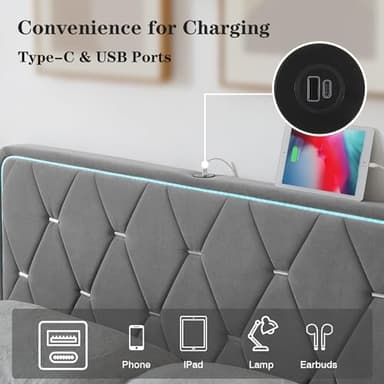 VECELO Upholstered Full Bed Frame with Headboard Adjustable, Velvet Platform Bed with LED Lights, Charging Station, Mattress Foundation with Wooden Slats, Noise Free, No Box Spring Needed, Soft Grey - Image 4