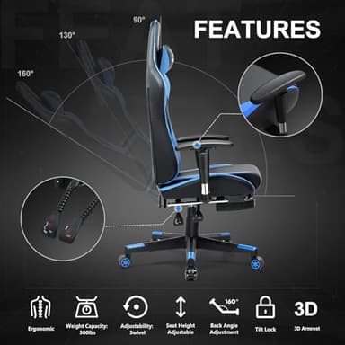 GTRACING Gaming Chair with Footrest, Ergonomic Computer Game Desk Chair, Recline Gaming Chair Seat Height Adjustment, Swivel Rocker with Headrest and Lumbar (Blue) - Image 7