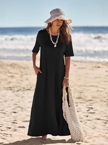 MEROKEETY Women's 2025 Summer Maxi Dress Casual Short Sleeve Beach Vacation Crewneck Basic Long T Shirt Dresses, Black, Small - Image 6
