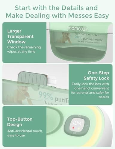 Momcozy New Baby Wipe Warmer, 100pcs Larger Capacity Wipe Dispenser, 10-Min Fast Heating with 4 Temperature Modes, Innovative Spring Design, Silicone & Top Seals,Quick Even Heating, 3-Level Nightlight - Image 7