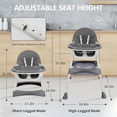 Baby High Chair, 6 in 1 Convertible High Chairs for Babies and Toddlers with 5-Point Safety Harness,Foldable High Chair for Space-Saving, Adjustable Dining Tray,Backrest & Height,Easy to Clean Surface - Image 7